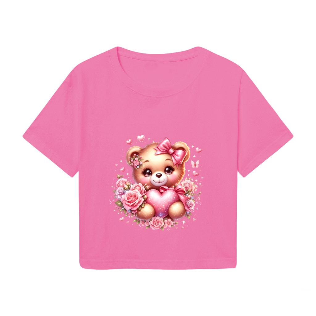 Cute Rose Bear Sweet Pink  Crop Top