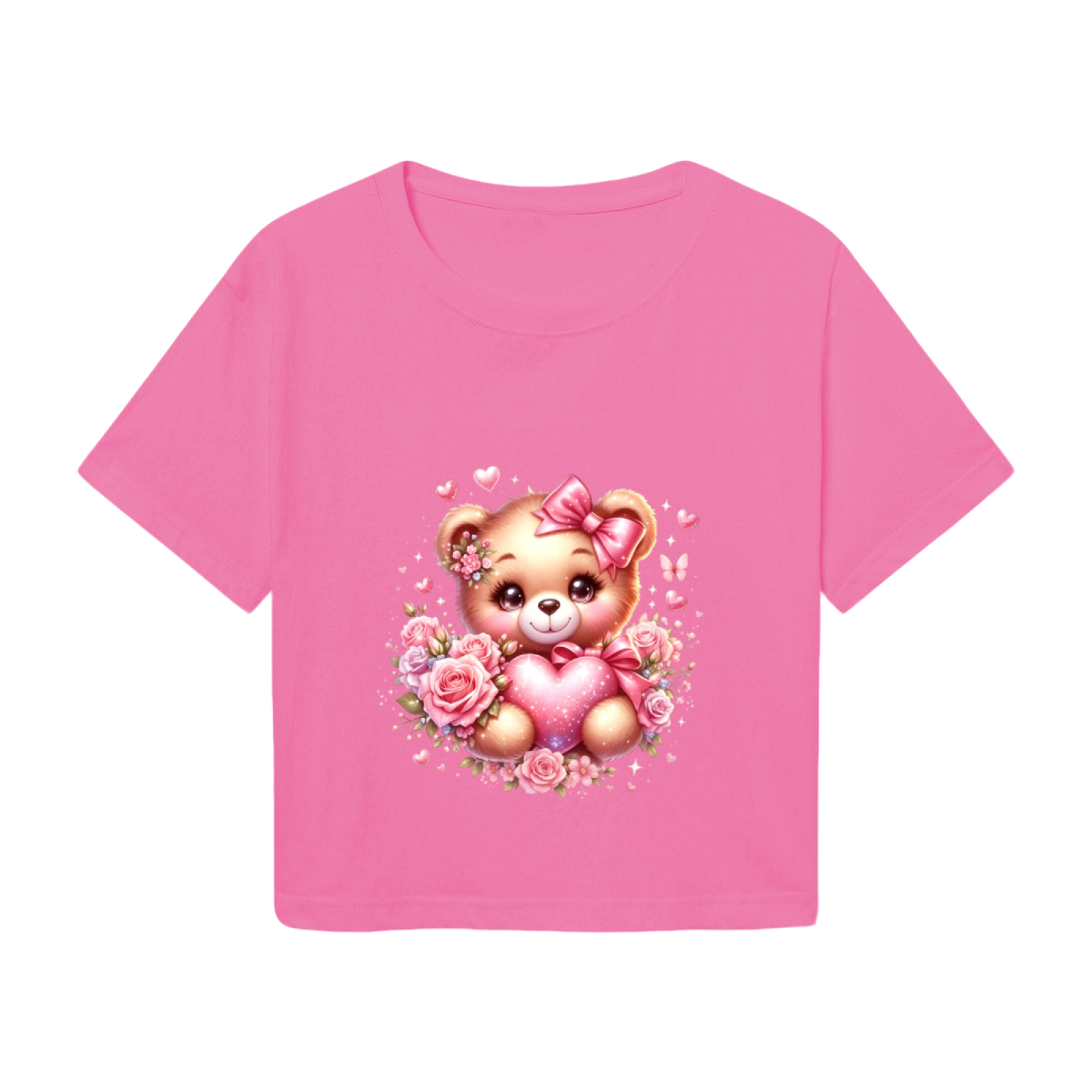 Cute Rose Bear Sweet Pink  Crop Top