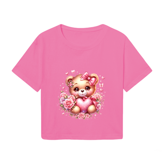 Cute Rose Bear Sweet Pink  Crop Top