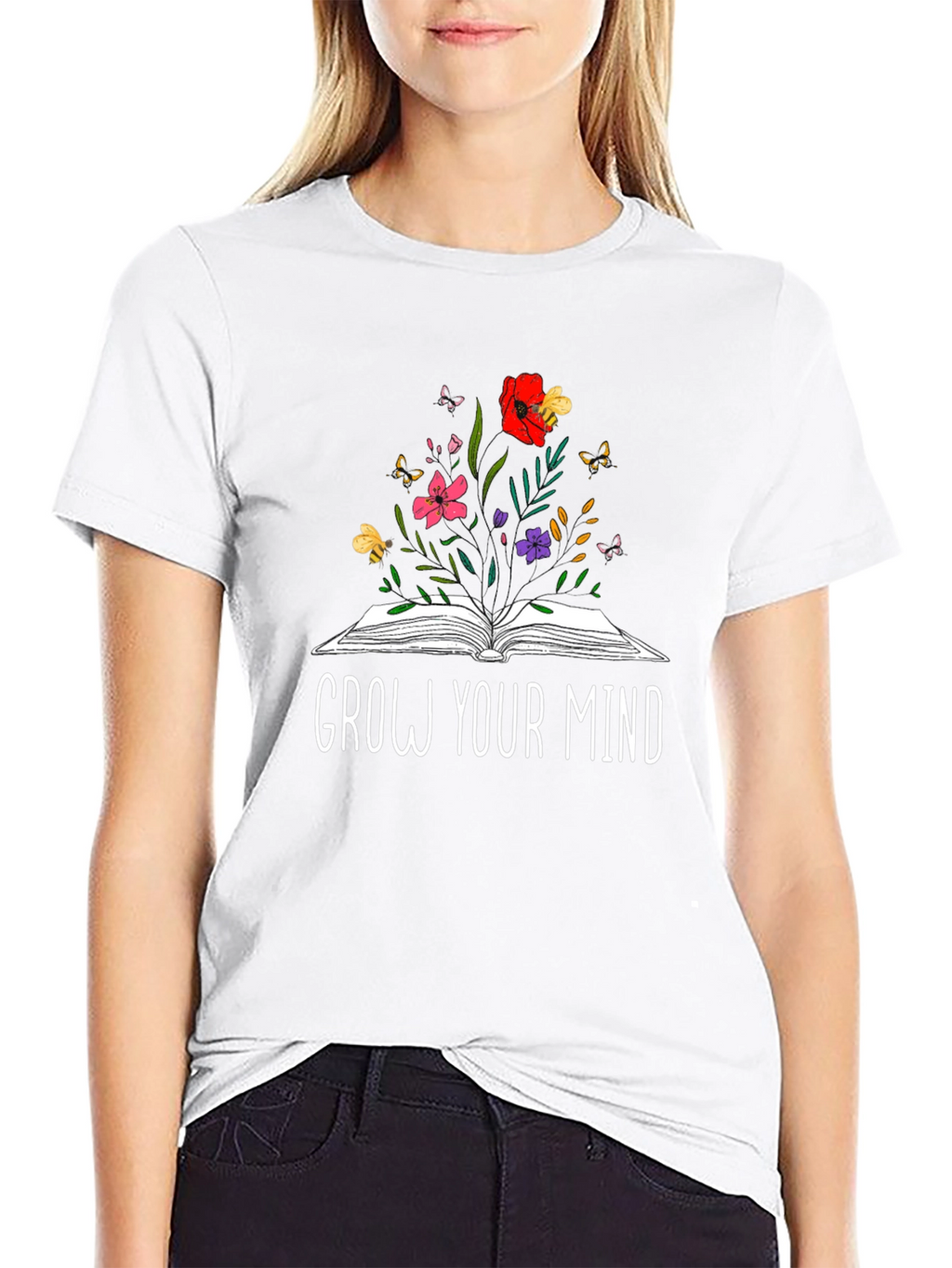 Grow Your Mind Book & Flowers Graphic T-Shirt