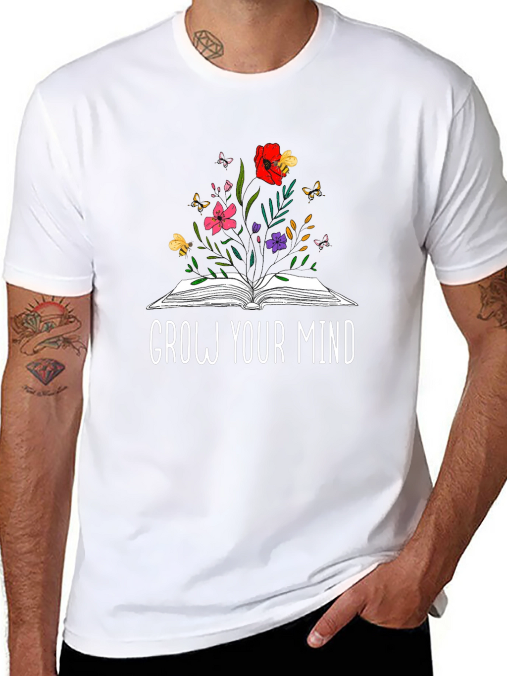 Grow Your Mind Book & Flowers Graphic T-Shirt