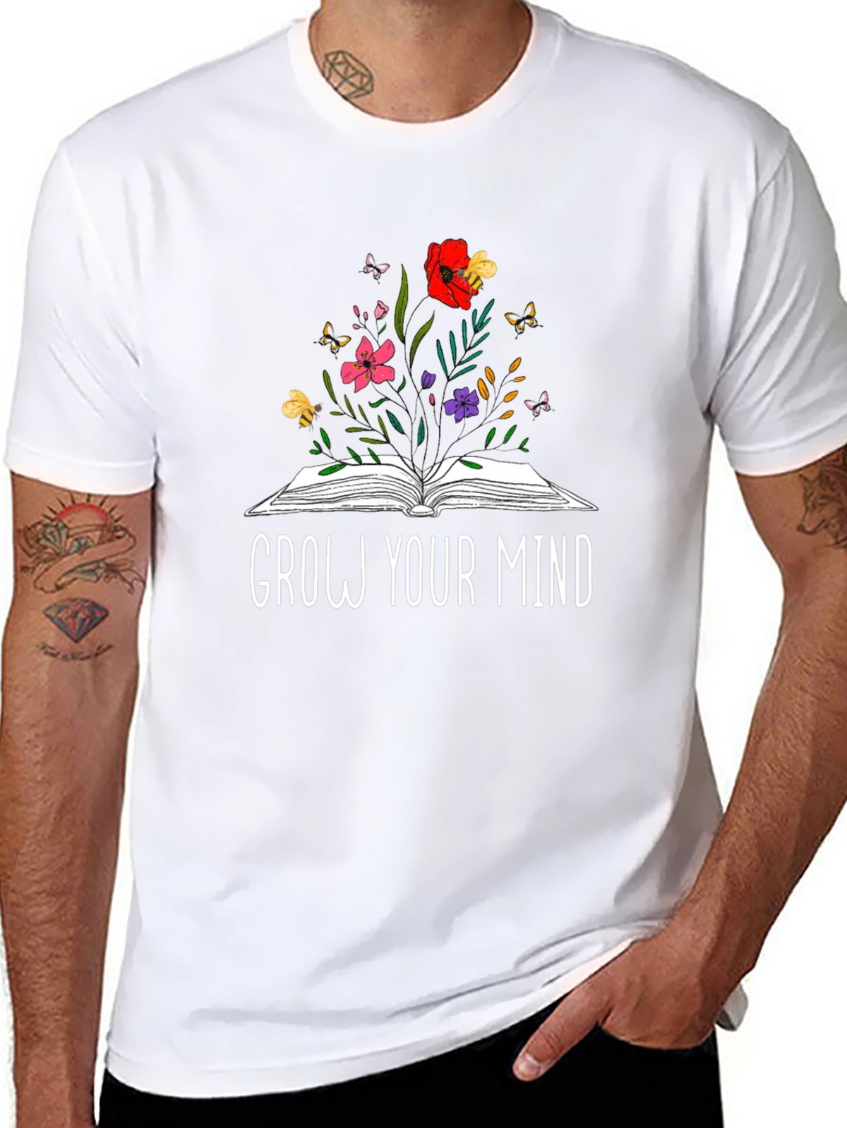 Grow Your Mind Book & Flowers Graphic T-Shirt