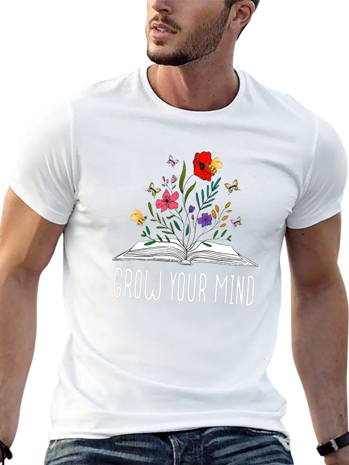 Grow Your Mind Book & Flowers Graphic T-Shirt