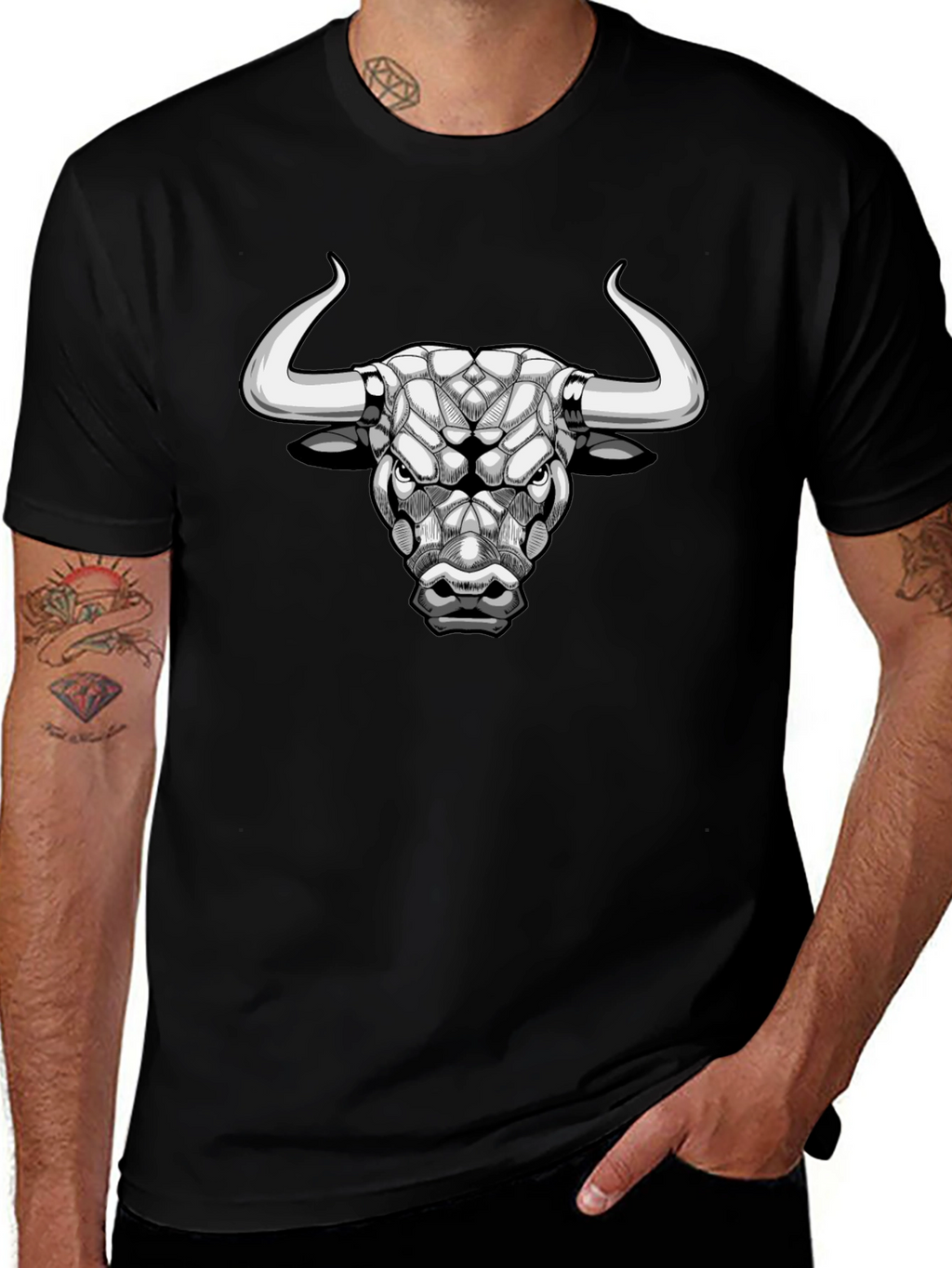 Geometric Bull Graphic Tee - Black