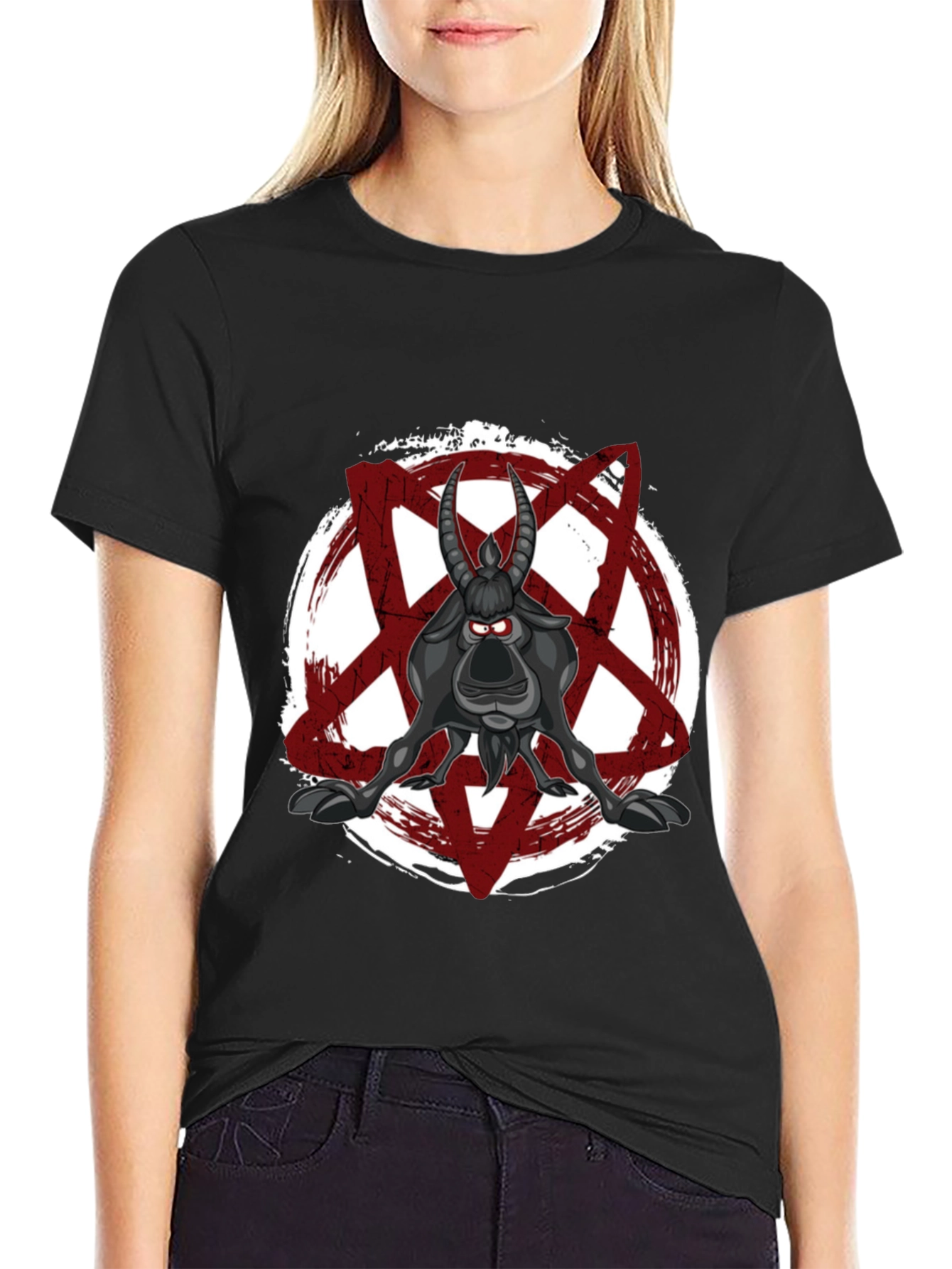 Cartoon Goat Pentagram T-Shirt - Black Graphic Tee
