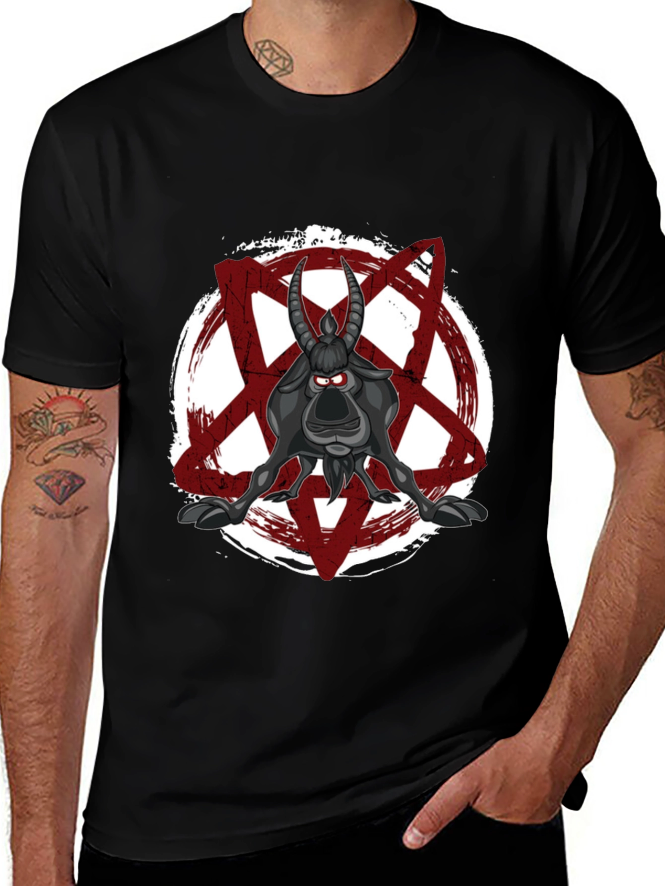 Cartoon Goat Pentagram T-Shirt - Black Graphic Tee