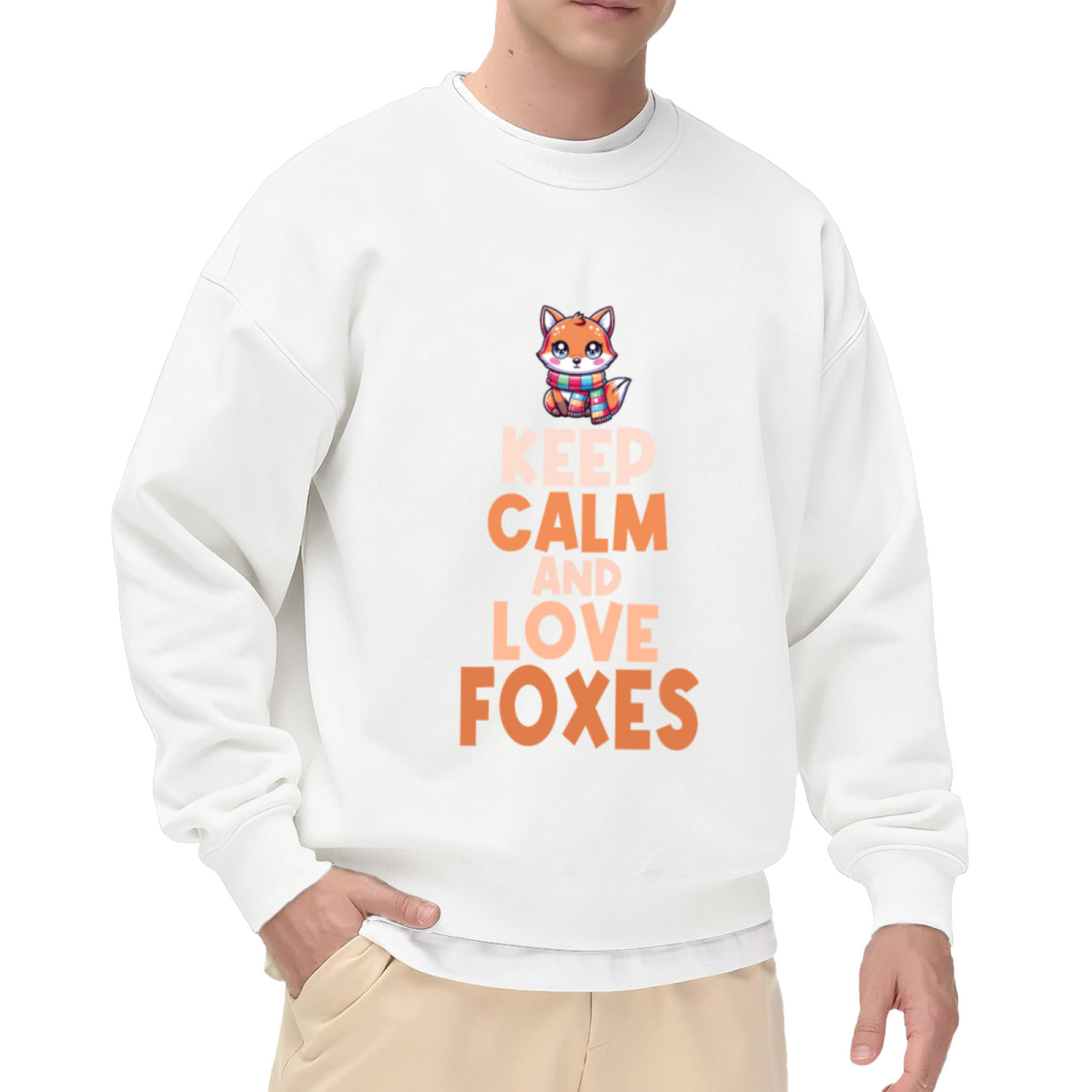 Keep Calm And Love Foxxes Cute Fox Scarf Crewneck Sweatshirt | Kawaii Animal Lover Pullover, Fox Gift