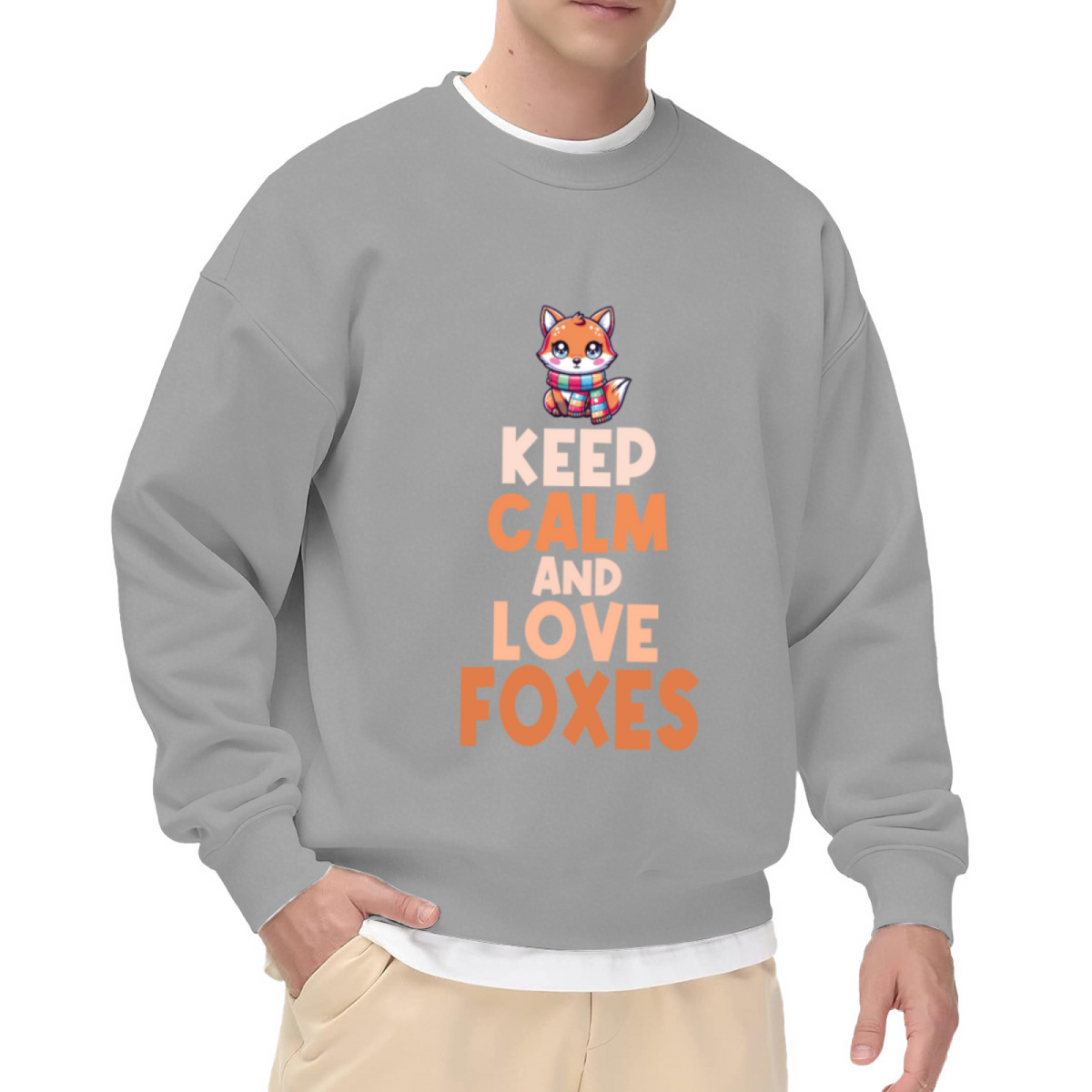 Keep Calm And Love Foxxes Cute Fox Scarf Crewneck Sweatshirt | Kawaii Animal Lover Pullover, Fox Gift