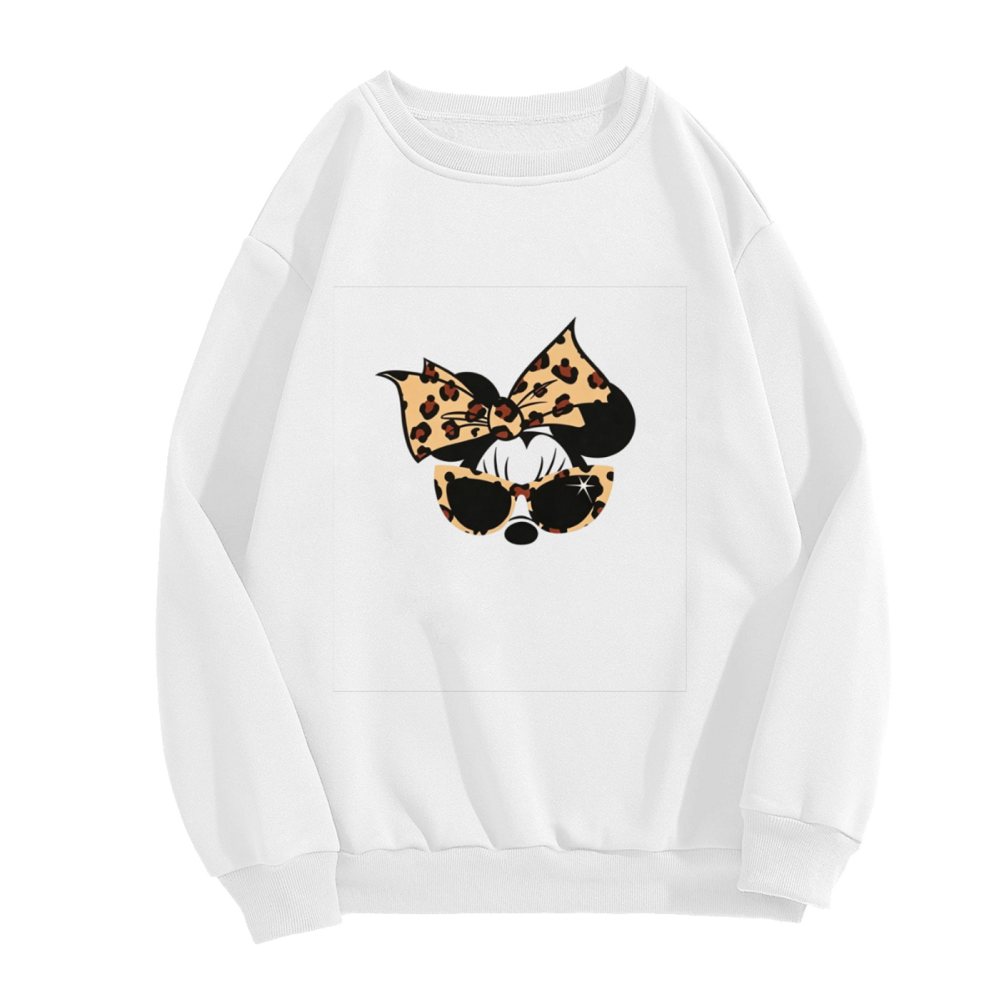 Leopard Print Bow Minnie Mouse Sunglasses Crewneck Sweatshirt
