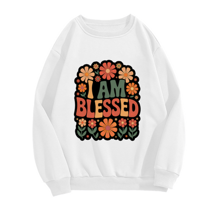 I Am Blessed Sweatshirt | Retro 70s Floral Graphic Crewneck, Hippie Flower Pullover Top, Positive Affirmation Gift for Women Men
