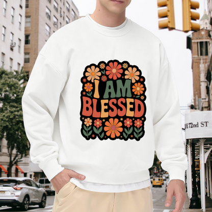I Am Blessed Sweatshirt | Retro 70s Floral Graphic Crewneck, Hippie Flower Pullover Top, Positive Affirmation Gift for Women Men