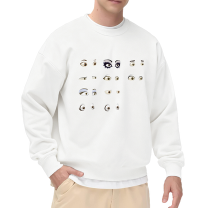 Quirky Cartoon Eyes Crewneck Sweatshirt | Retro Hand-Drawn Eye Collage Pullover, Funny Kawaii Graphic Streetwear Top, Unisex Casual Statement Sweatshirt