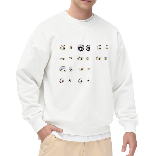 Quirky Cartoon Eyes Crewneck Sweatshirt | Retro Hand-Drawn Eye Collage Pullover, Funny Kawaii Graphic Streetwear Top, Unisex Casual Statement Sweatshirt