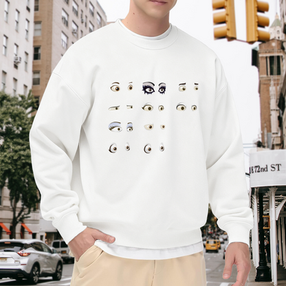 Quirky Cartoon Eyes Crewneck Sweatshirt | Retro Hand-Drawn Eye Collage Pullover, Funny Kawaii Graphic Streetwear Top, Unisex Casual Statement Sweatshirt