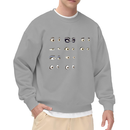 Quirky Cartoon Eyes Crewneck Sweatshirt | Retro Hand-Drawn Eye Collage Pullover, Funny Kawaii Graphic Streetwear Top, Unisex Casual Statement Sweatshirt