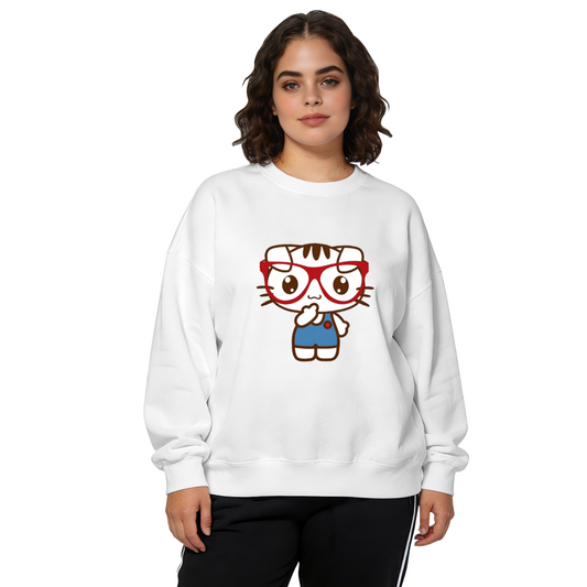 Chic Glasses?Wearing Kitty Cartoon Crewneck Sweatshirt