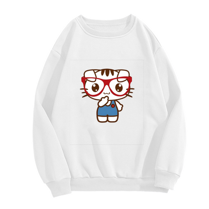 Chic Glasses?Wearing Kitty Cartoon Crewneck Sweatshirt