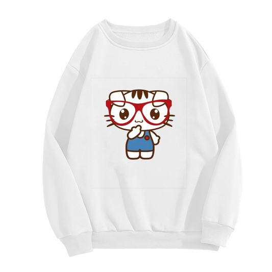 Chic Glasses?Wearing Kitty Cartoon Crewneck Sweatshirt