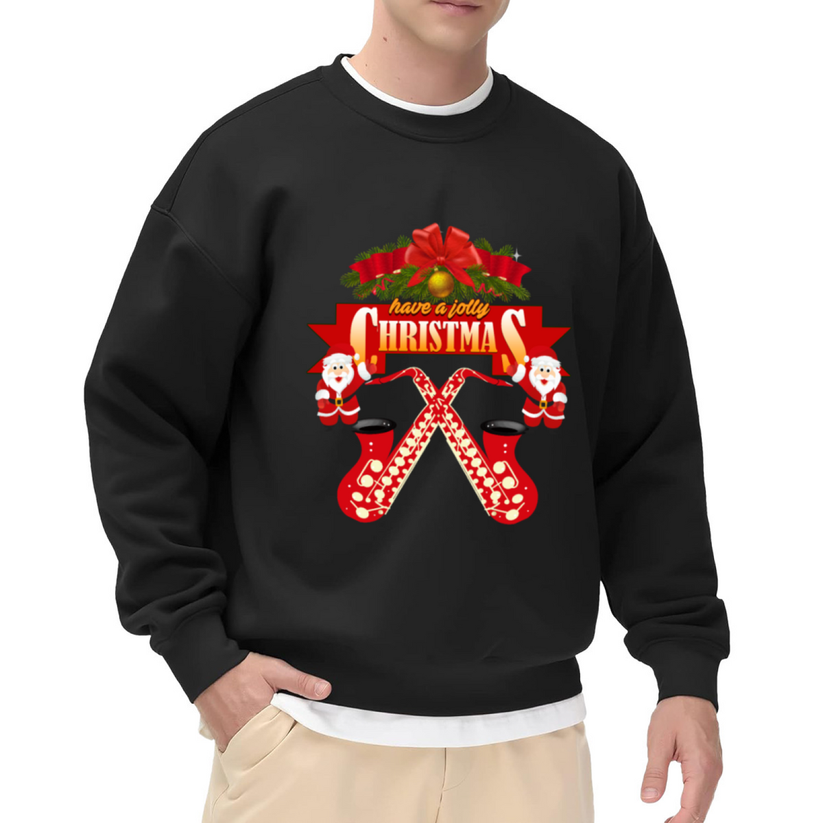Have A Jolly Christmas Saxophone Santa Crewneck Sweatshirt | Festive Music Lover Pullover, Funny Christmas Graphic Top, Holiday Gift