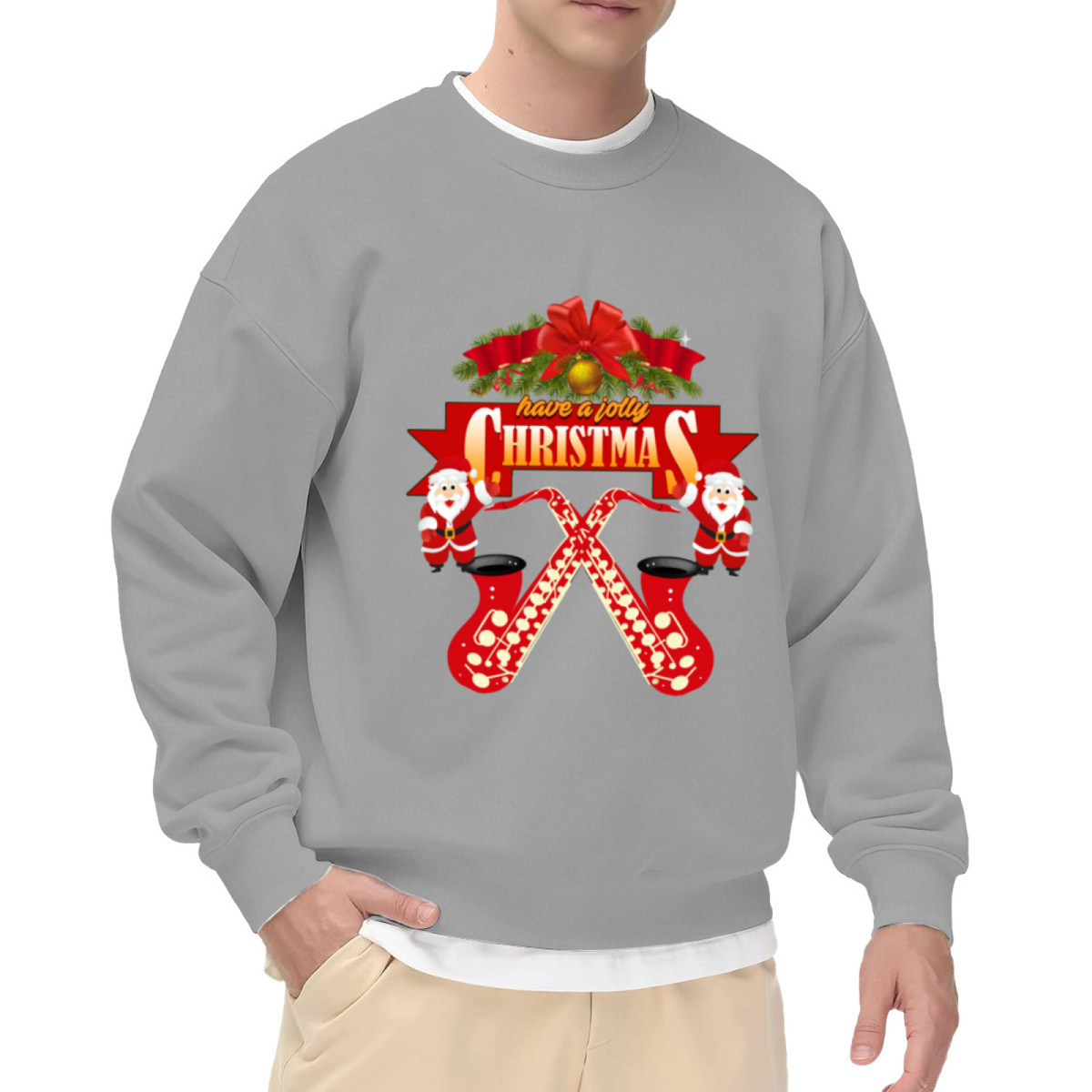 Have A Jolly Christmas Saxophone Santa Crewneck Sweatshirt | Festive Music Lover Pullover, Funny Christmas Graphic Top, Holiday Gift