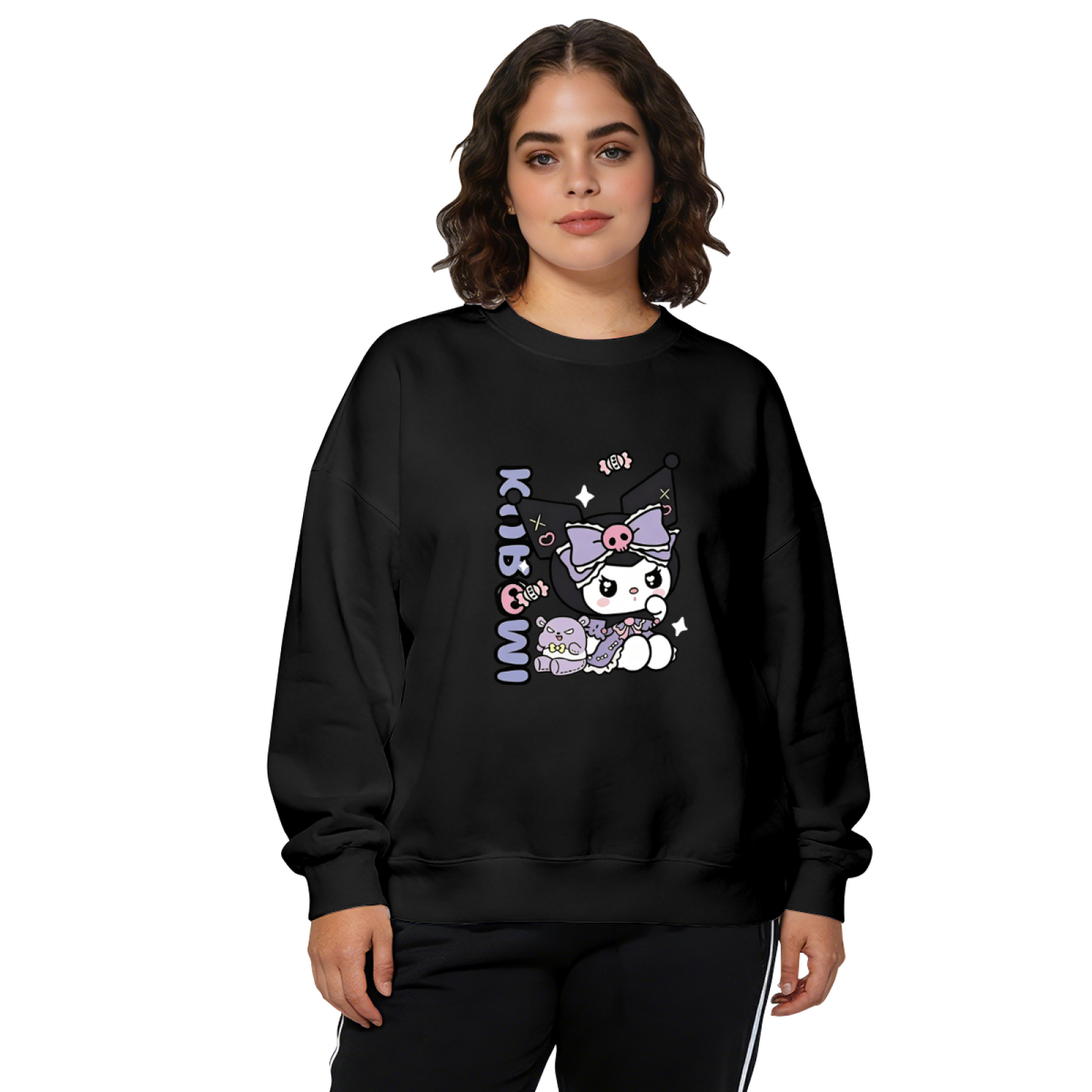 Edgy Dark Kuromi Character Print Black Crewneck Sweatshirt