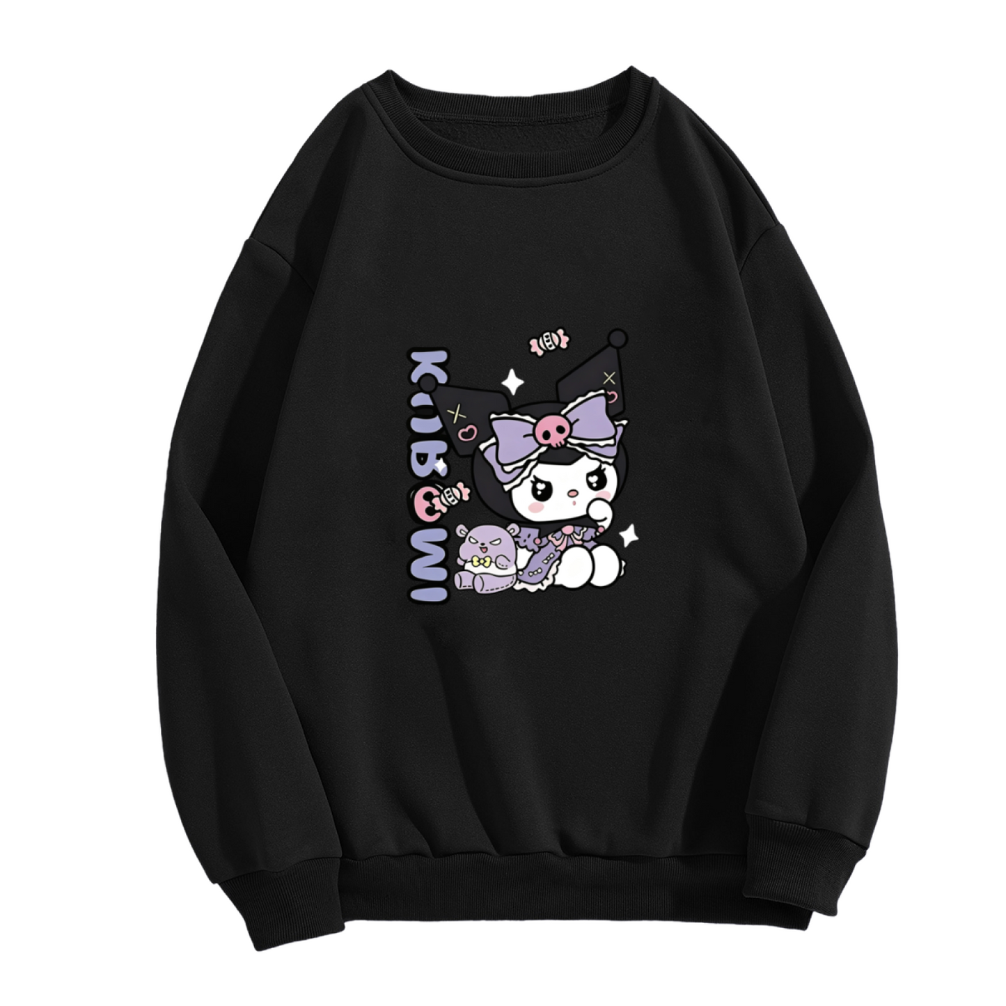 Edgy Dark Kuromi Character Print Black Crewneck Sweatshirt