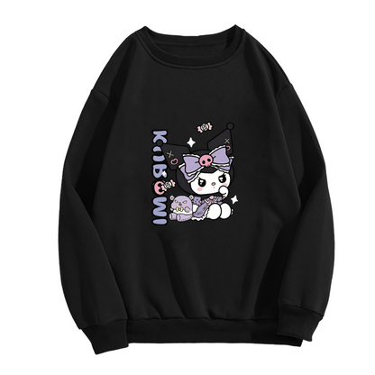 Edgy Dark Kuromi Character Print Black Crewneck Sweatshirt