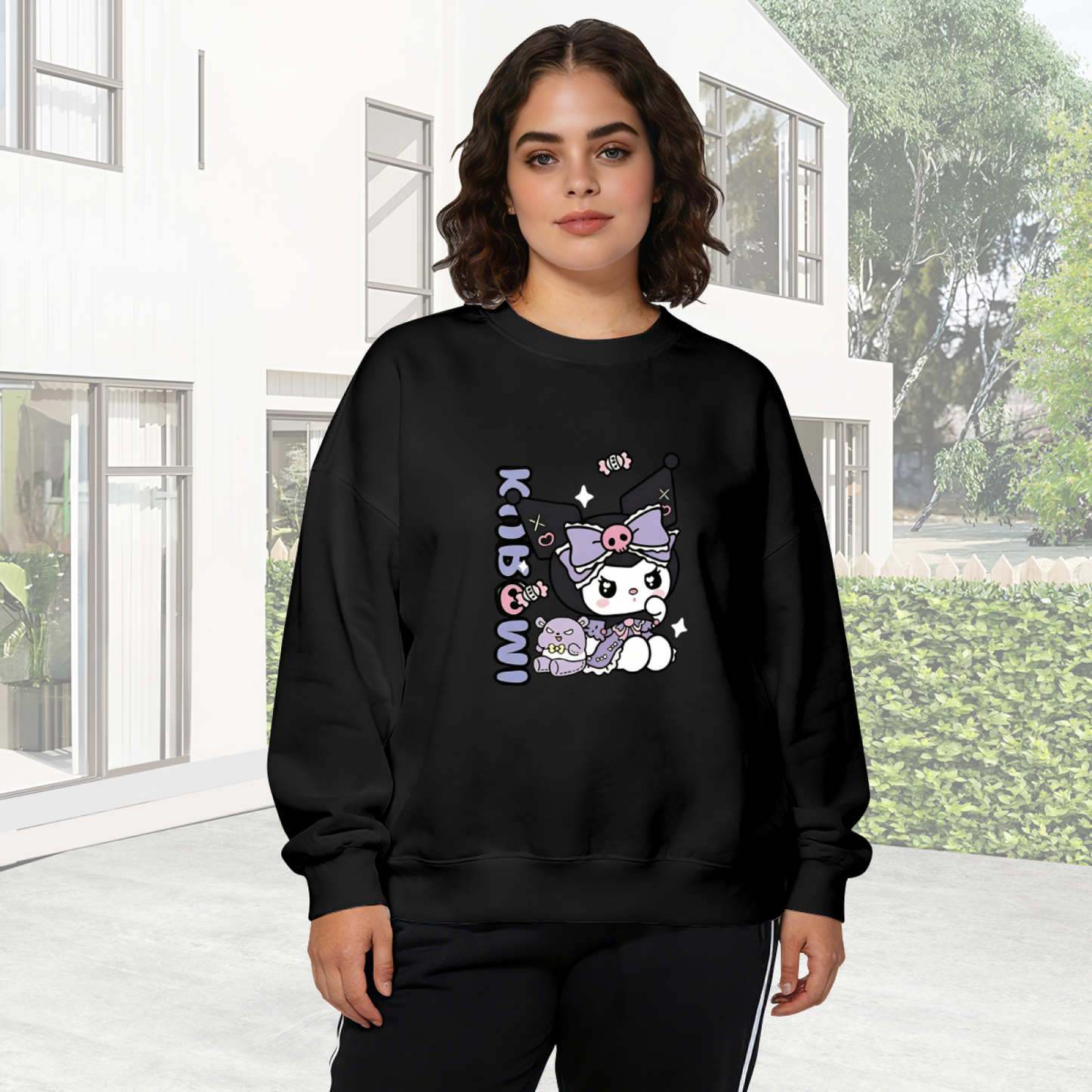 Edgy Dark Kuromi Character Print Black Crewneck Sweatshirt