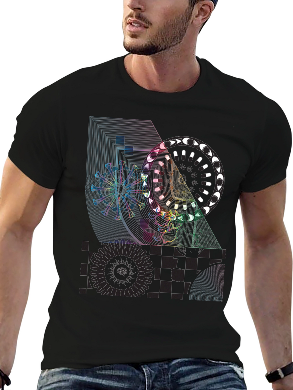 Geometric Graphic Print T-Shirt - Black