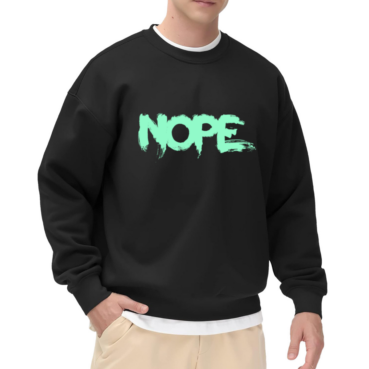 NOPE Brush Stroke Crewneck Sweatshirt | Minimalist Graffiti Lettering Pullover, Distressed Streetwear Top, Funny Mood Gift