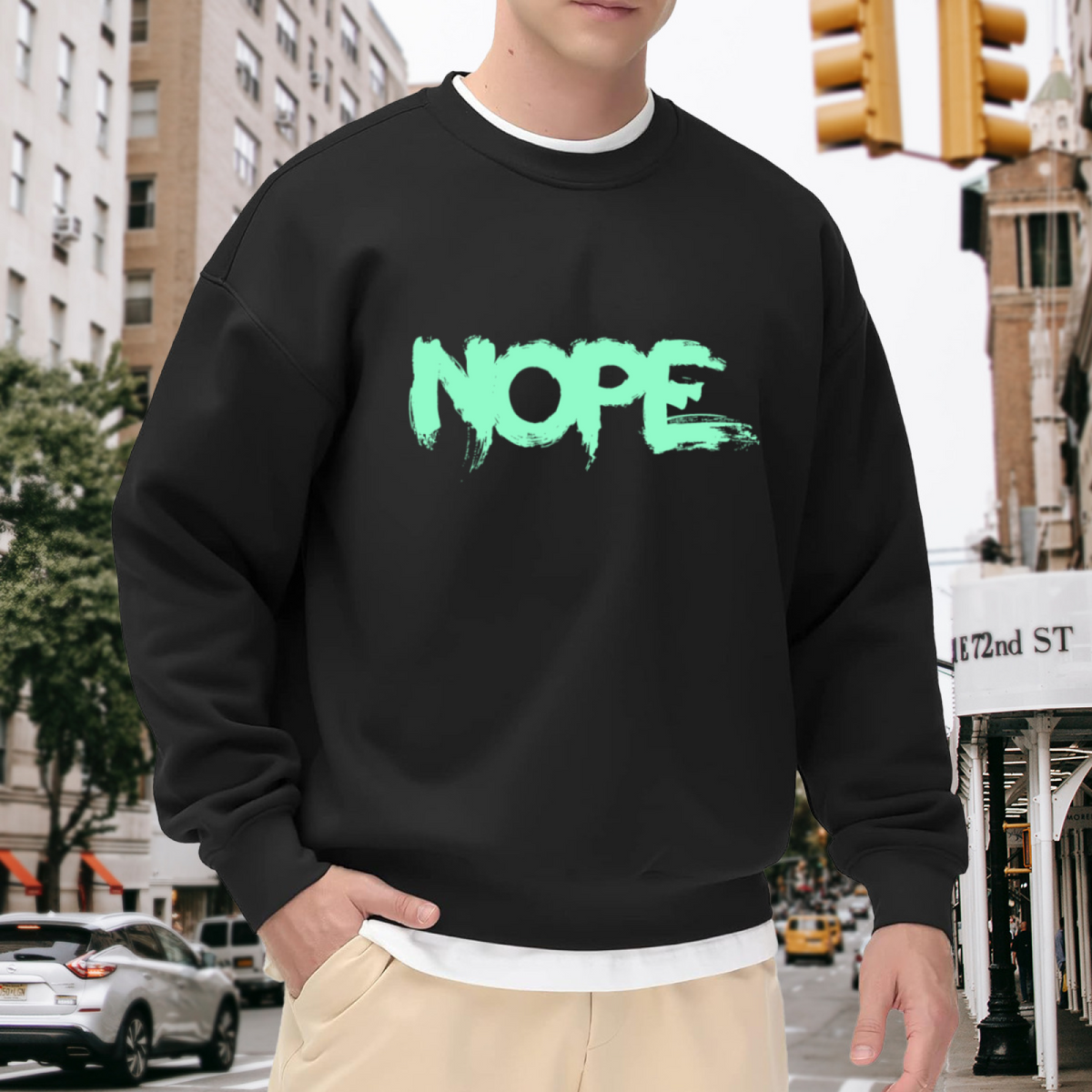 NOPE Brush Stroke Crewneck Sweatshirt | Minimalist Graffiti Lettering Pullover, Distressed Streetwear Top, Funny Mood Gift