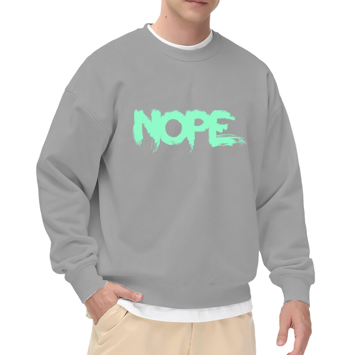 NOPE Brush Stroke Crewneck Sweatshirt | Minimalist Graffiti Lettering Pullover, Distressed Streetwear Top, Funny Mood Gift