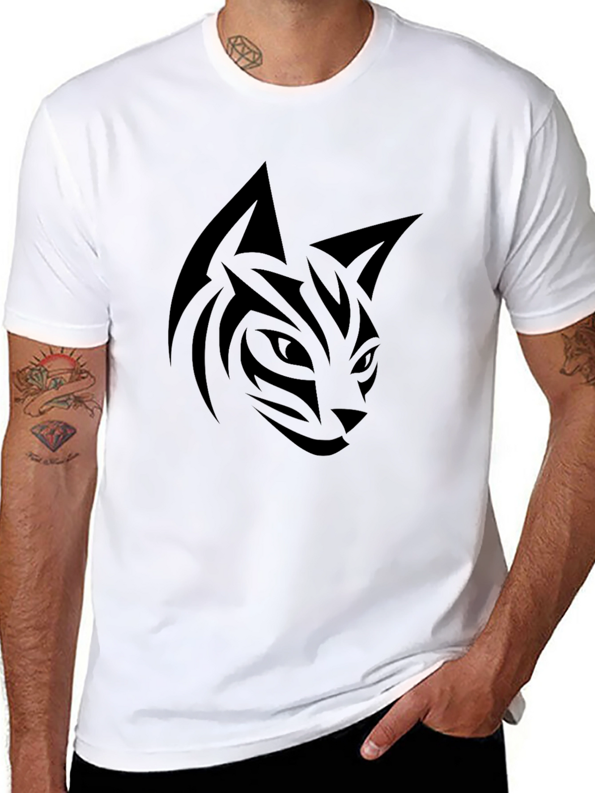 Mens Black Tribal Cat Graphic Tee