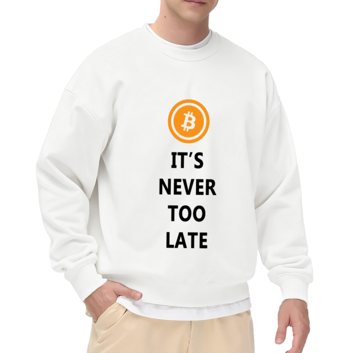 It's Never Too Late Bitcoin Logo Motivational Crewneck Sweatshirt | Crypto Investor Pullover, BTC Gift