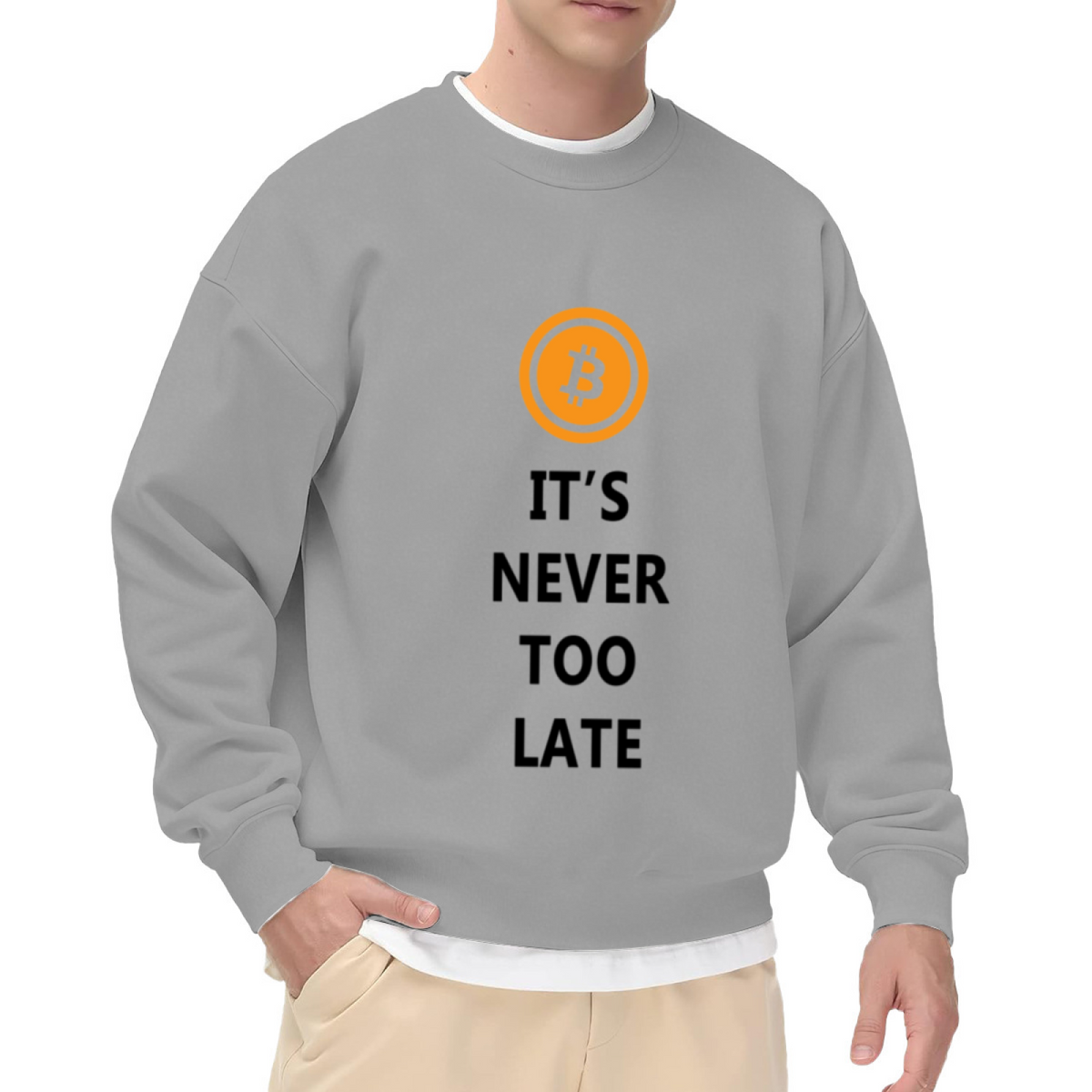 It's Never Too Late Bitcoin Logo Motivational Crewneck Sweatshirt | Crypto Investor Pullover, BTC Gift