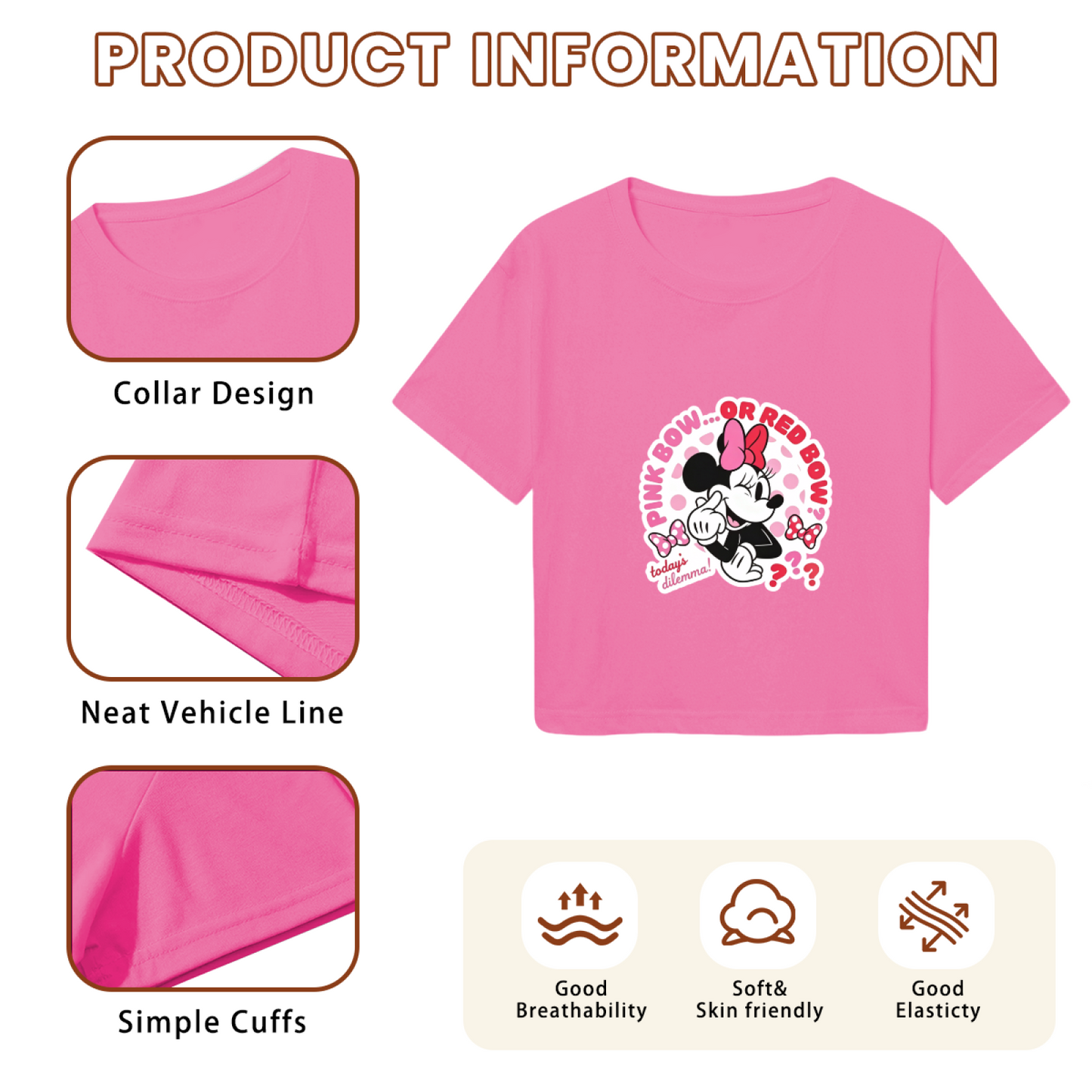 Fun Minnie Mouse Bow Theme Girly Pink Cropped Tee