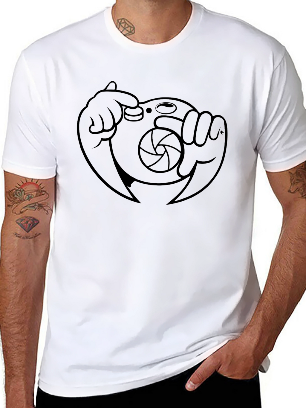 Cartoon Camera Graphic Tee - Black Cotton Blend