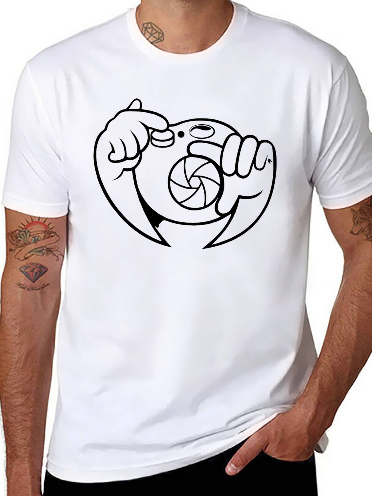 Cartoon Camera Graphic Tee - Black Cotton Blend