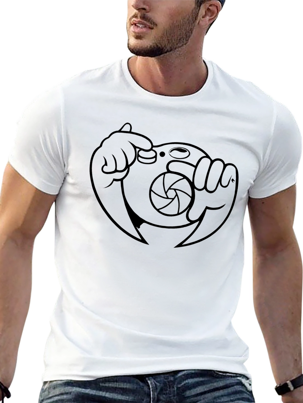 Cartoon Camera Graphic Tee - Black Cotton Blend