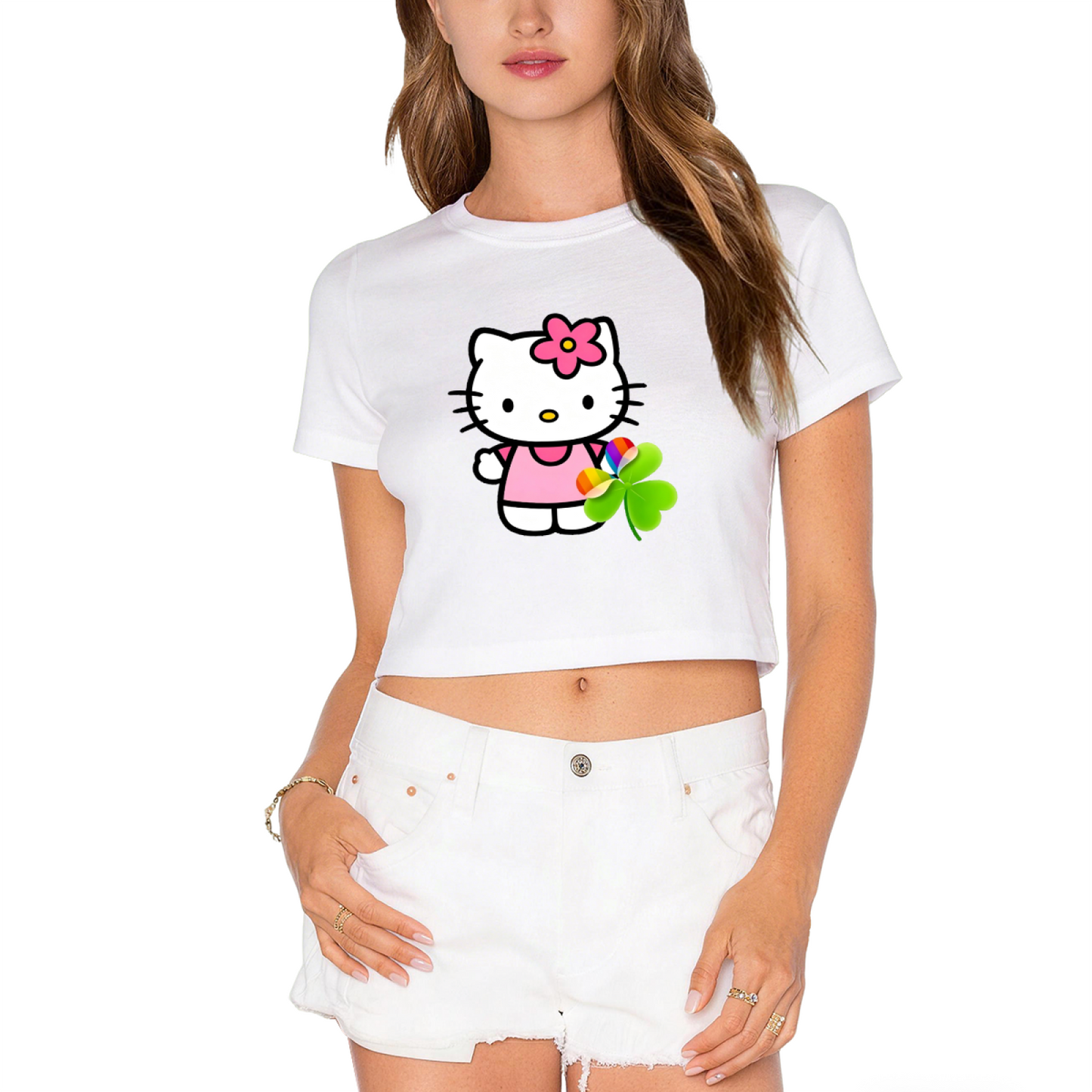 Cute Flower Hello Kitty White Cropped Top