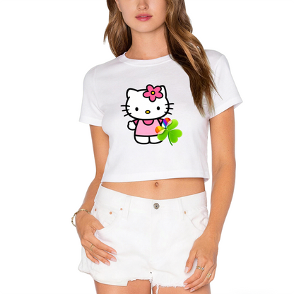 Cute Flower Hello Kitty White Cropped Top