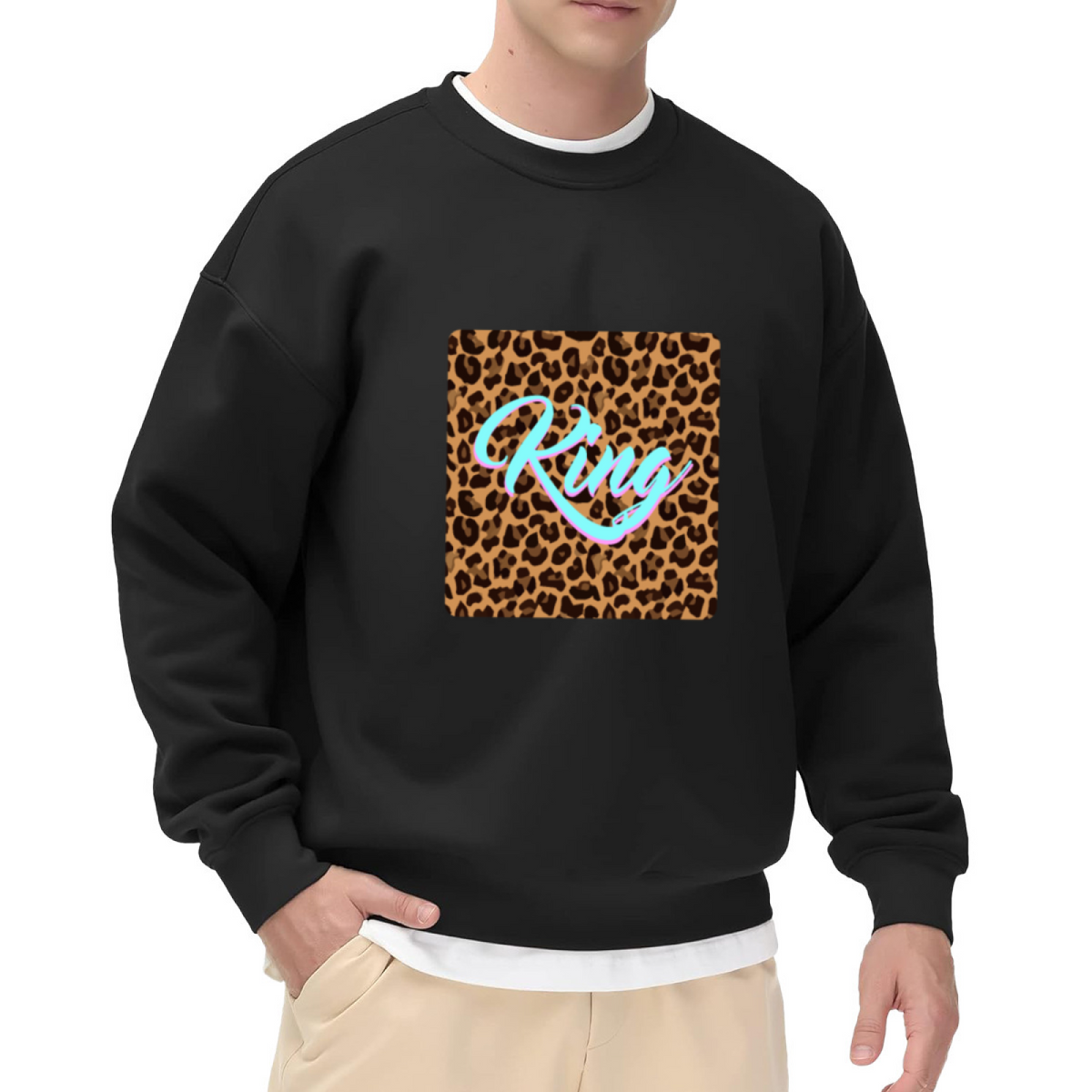King Leopard Print Crewneck Sweatshirt | Bold Streetwear Script Pullover, Leopard Square Graphic Top, Cool Gift