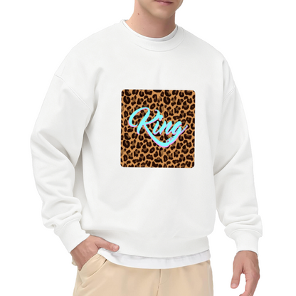 King Leopard Print Crewneck Sweatshirt | Bold Streetwear Script Pullover, Leopard Square Graphic Top, Cool Gift