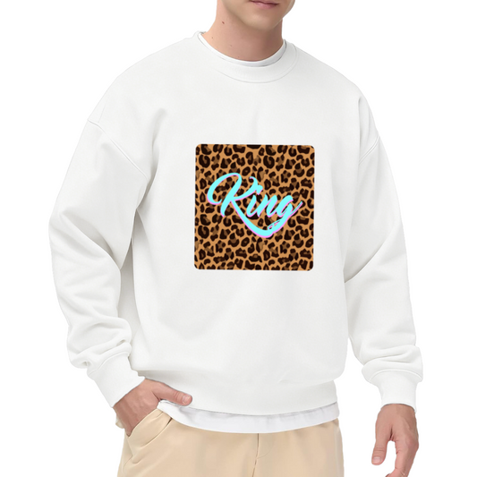 King Leopard Print Crewneck Sweatshirt | Bold Streetwear Script Pullover, Leopard Square Graphic Top, Cool Gift