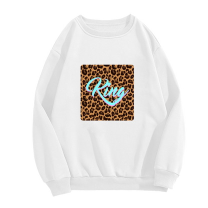 King Leopard Print Crewneck Sweatshirt | Bold Streetwear Script Pullover, Leopard Square Graphic Top, Cool Gift
