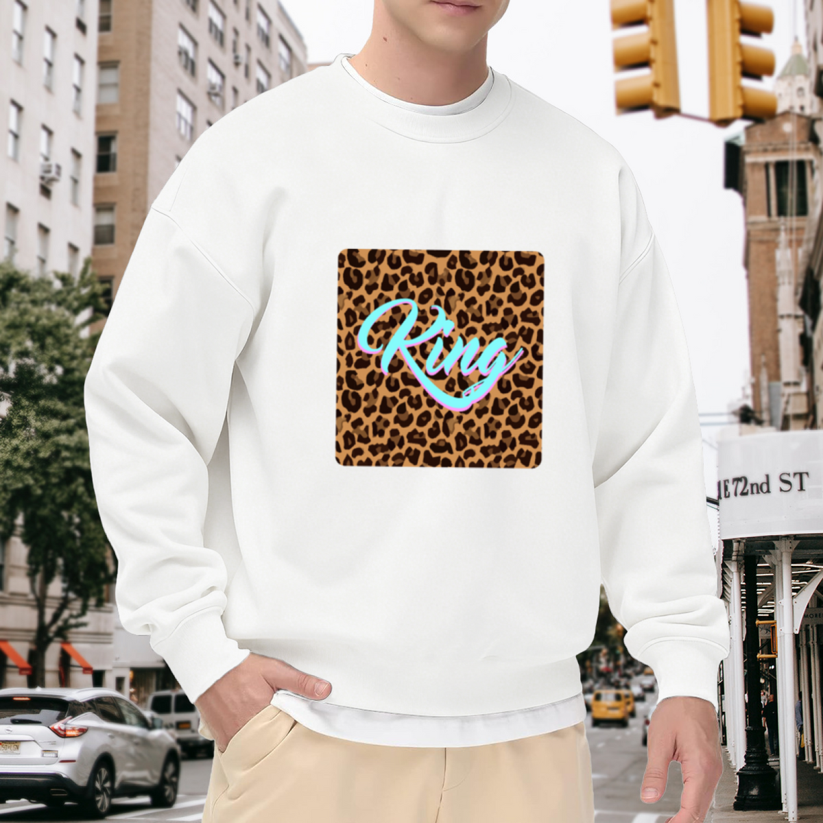 King Leopard Print Crewneck Sweatshirt | Bold Streetwear Script Pullover, Leopard Square Graphic Top, Cool Gift
