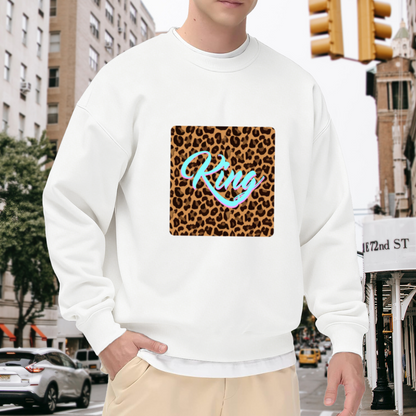 King Leopard Print Crewneck Sweatshirt | Bold Streetwear Script Pullover, Leopard Square Graphic Top, Cool Gift