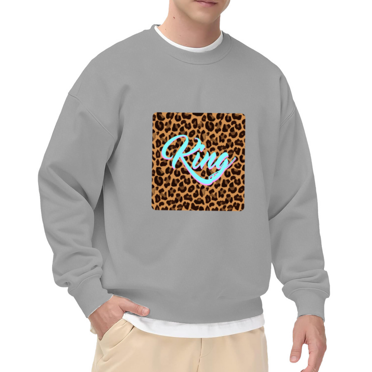 King Leopard Print Crewneck Sweatshirt | Bold Streetwear Script Pullover, Leopard Square Graphic Top, Cool Gift