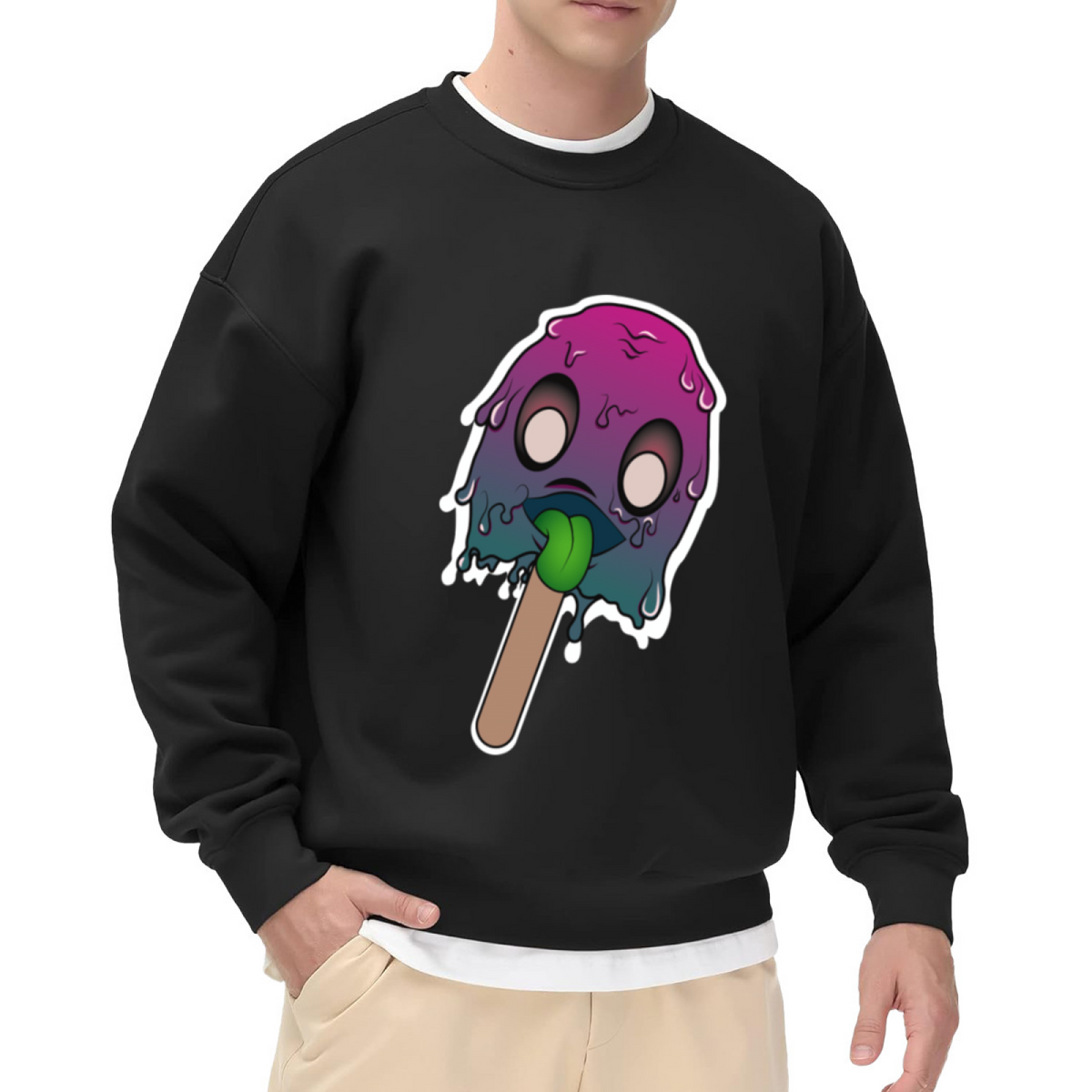 Melting Ghost Lollipop Sweatshirt | Psychedelic Cute Monster Graphic Crewneck, Colorful Drip Art Pullover Top, Halloween Candy Gift