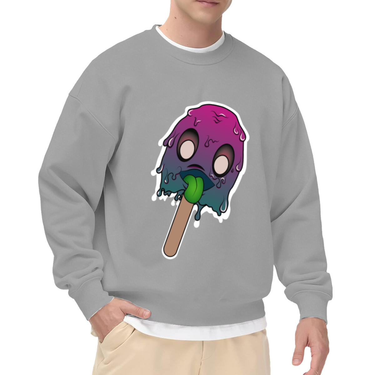 Melting Ghost Lollipop Sweatshirt | Psychedelic Cute Monster Graphic Crewneck, Colorful Drip Art Pullover Top, Halloween Candy Gift